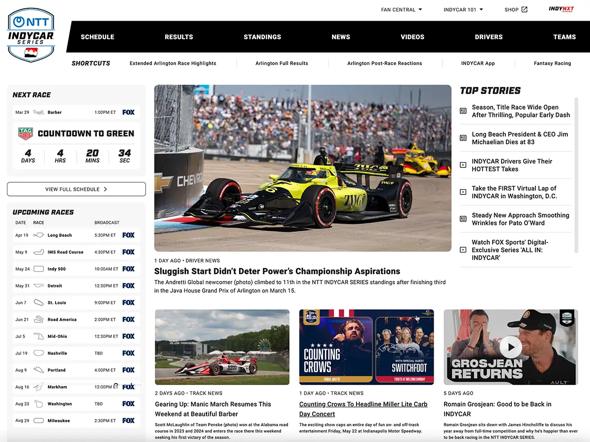 Screenshot of the INDYCAR website
