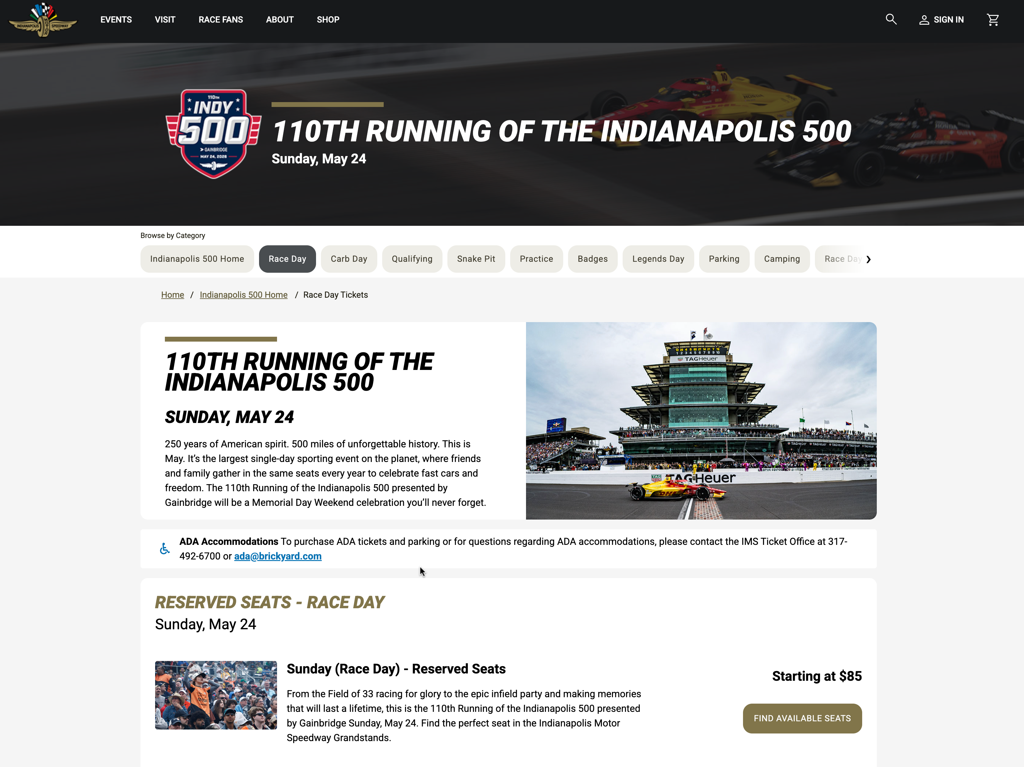 Indianapolis Motor Speedway website screenshot